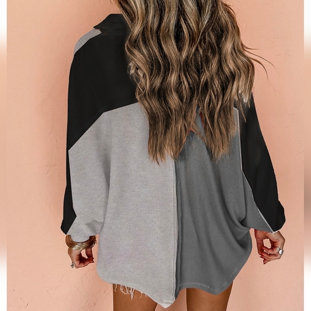 Gray Colarblock Ribbed Collared Oversized Sweatshirt - Picture 2 of 2